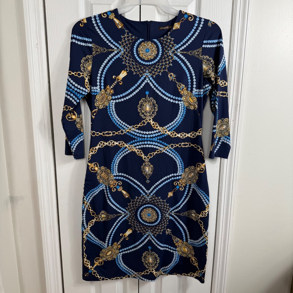 J McLaughlin Catalina Cloth Dress Women M Navy Gold Chain Scarf Print 3/4 Sleeve